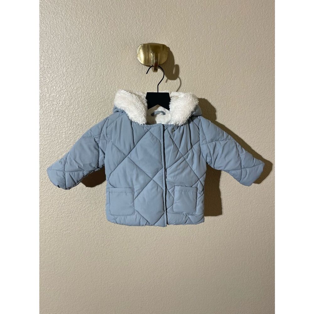Mango Light Blue Quilted Puffer Coat with White Faux Fur Hood